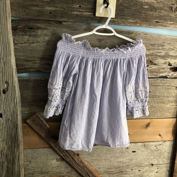 PRIMARK Size 6 Blue/White off shoulder top, crochet sleeves - Picture 1 of 6